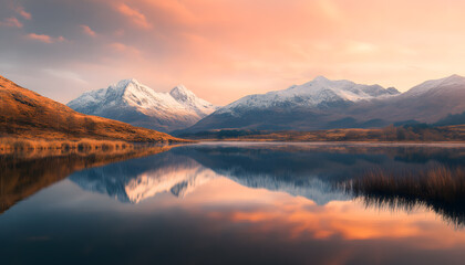 Fototapeta premium Nature Bliss: A serene mountain landscape with a lake reflecting the snowy peaks at sunrise