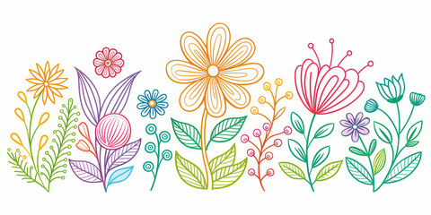 Hand drawn line stroke flower doodle with spring floral plant and leaf elements, flower, doodle, hand drawn, line stroke