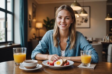 Portrait of Young relaxed woman  having breakfast in boutique hotel