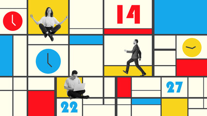Poster. Contemporary art collage. Woman meditates in bright calendar-space, while others focus on...