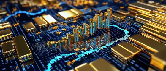 Close-up view of a futuristic financial graph on a digital circuit board, symbolizing growth and technology in finance.