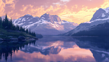 Nature Bliss: A serene mountain landscape with a lake reflecting the snowy peaks at sunrise