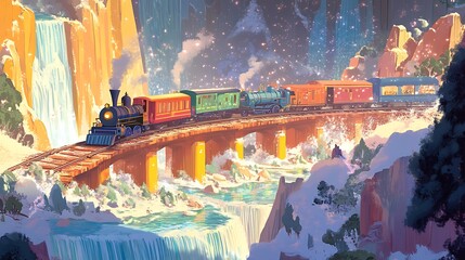 Train Crossing Waterfall Bridge in Winter Wonderland