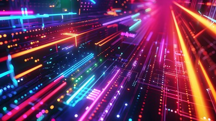Obraz premium Neon Lights: A vibrant neon lights background with glowing colors, adding a futuristic and energetic vibe for tech gadgets. 