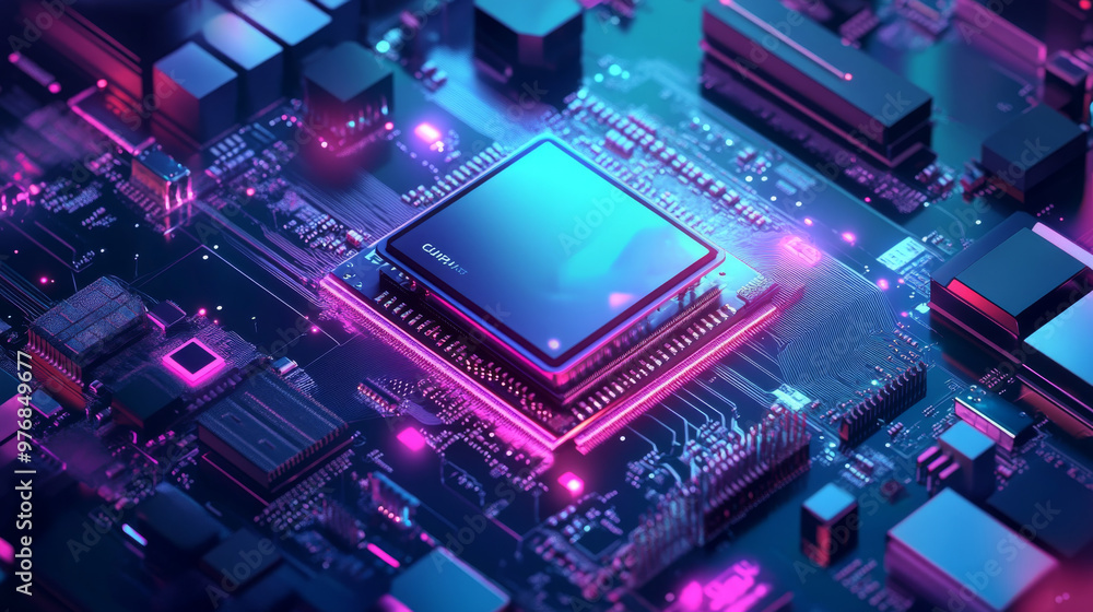 Poster a chip with ai managing smart devices, representing the electronics cpu industry. it encompasses har