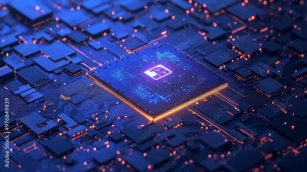 Poster a chip with ai managing smart devices, representing the electronics cpu industry. it encompasses har