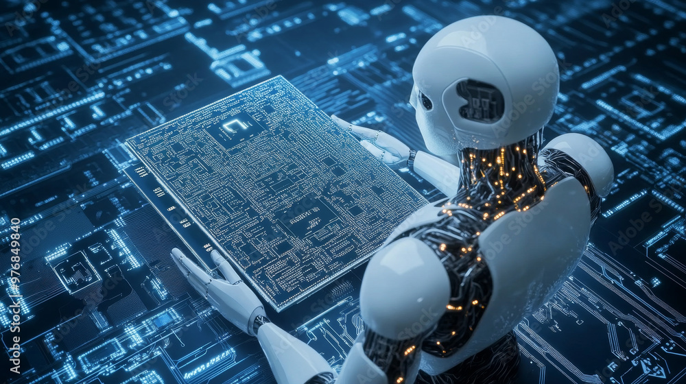 Poster a chip with ai managing smart devices, representing the electronics cpu industry. it encompasses har