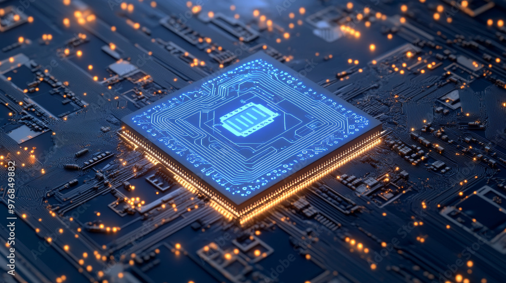 Poster a chip with ai managing smart devices, representing the electronics cpu industry. it encompasses har