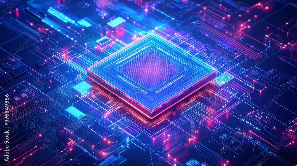 Poster a chip with ai managing smart devices, representing the electronics cpu industry. it encompasses har