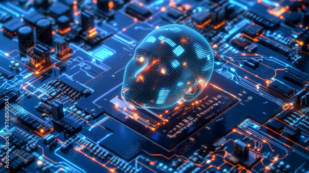 Poster a chip with ai managing smart devices, representing the electronics cpu industry. it encompasses har