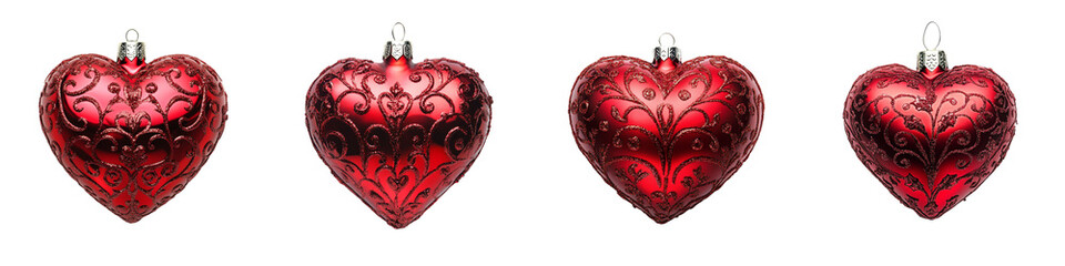 set of A beautiful red heart-shaped Christmas ornament with intricate patterns, isolated on a transparent background