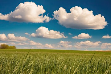 Obraz premium Serene Pastures of Tall Grass Under a Brilliant Spring Sky with Fluffy Cotton Clouds