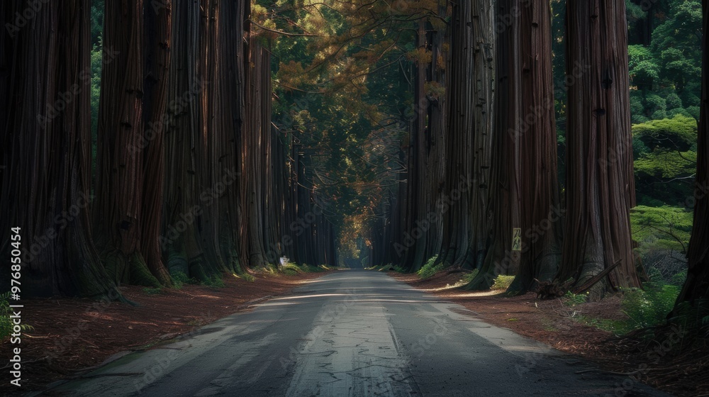 Poster a road lined with large trees on both sides.