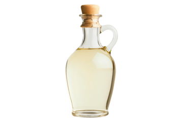 Glass bottle filled with white vinegar, featuring a wooden cork and rope isolated on white transparent background. Concept of packaging