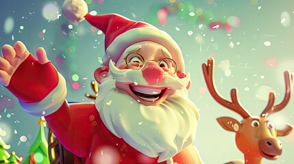 Fototapeta premium A joyful cartoon version of Santa Claus waves to the viewer, with his sleigh and reindeer in the background, surrounded by bright colors and a playful holiday atmosphere.
