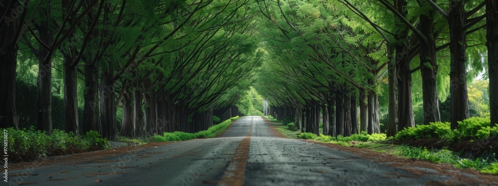 Poster a road lined with large trees on both sides.