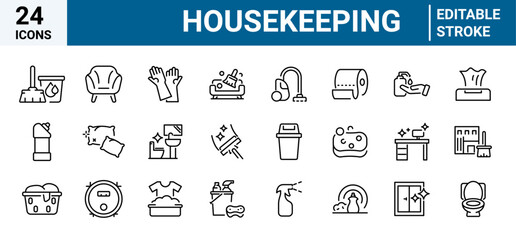 Housekeeping line web icons. Dusting, cleaning, vacuuming, washing, changing, organizing. Vector illustration. Editable stroke.
