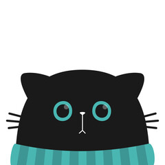 Cat face with big blue eyes. Kitten wearing a sweater. Black silhouette icon. Funny kawaii animal. Cute cartoon pet baby character. Sticker print. Childish style. Flat design. White background. Vector