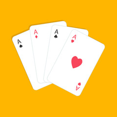 Four aces playing card icon set. Card fan stack. Poker cards suits. Hearts, clubs, diamonds, spades ace. Winning poker hand. Las Vegas Casino gambling concept. Flat design. Yellow background. Vector