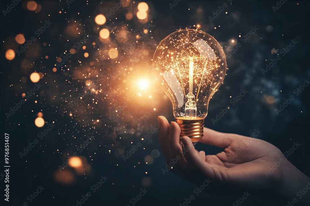 Poster hand holding a glowing lightbulb with sparkling bokeh background