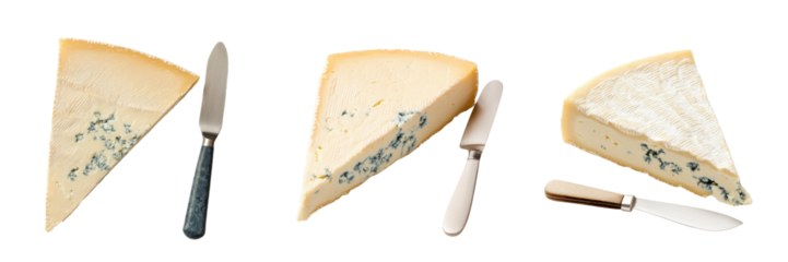 A collection of gourmet cheese wedges with stylish knives, perfect for culinary presentations and food photography. transparent background