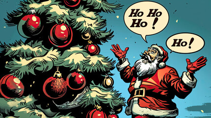 Funny Santa Claus in Comic Style Standing by Christmas Tree Saying "Ho Ho Ho!"