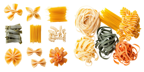 A collection of various pasta types, showcasing different shapes and colors, perfect for culinary and food photography. transparent background
