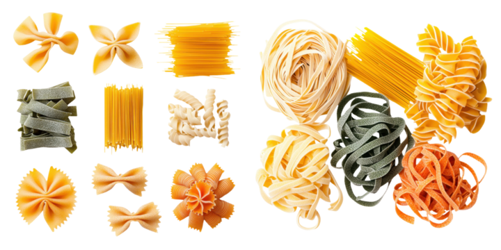 A collection of various pasta types, showcasing different shapes and colors, perfect for culinary and food photography. transparent background