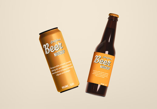 Beer Can and Bottle Floating Mockup