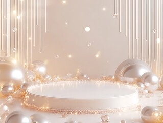 3d Mock up Pearl white podium with crystal accents and shimmering effects. Pedestal stage for luxury skincare presentation. Radiant scene for advertising. Sale promotion background.