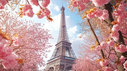 The Eiffel Tower in Paris with cherry blossoms in the foreground.