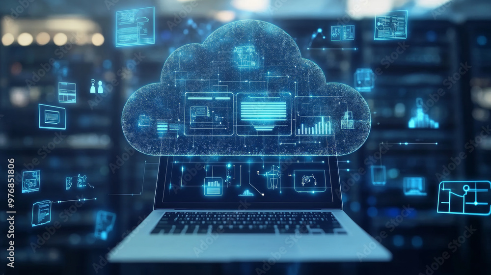 Poster cloud technology and cloud computing involve devices linked to digital storage in a data center thro