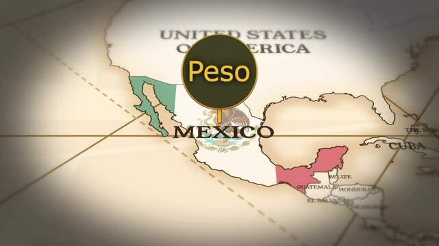Mexican peso currency sign showing on world map with 3D rendering