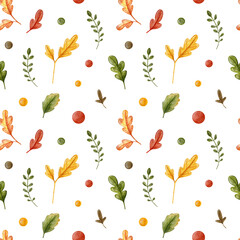 Fototapeta premium Autumn leaves pattern, watercolor illustration. Falling leaf seamless background with Oak in cartoon style. Autumn mood forest print for textile or wrapping paper.