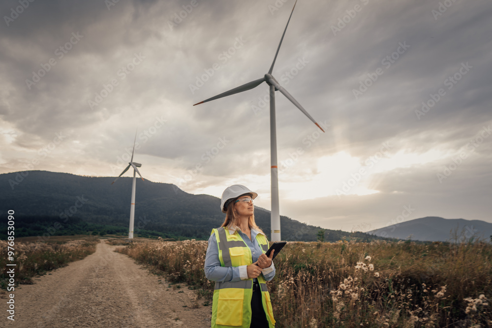 Poster a dedicated female engineer is actively managing wind turbines as part of a significant renewable en