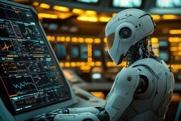 Fototapeta premium Advanced Robotic Operator Analyzing Data on a Futuristic Computer