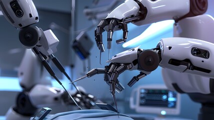 Fototapeta premium Robot Performing Surgery: A highly precise surgical robot in an operating room, arms delicately handling surgical instruments. 