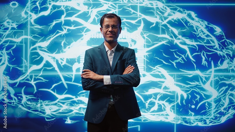 Poster upbeat engineer in startup doing advancements in ai field. portrait of happy man standing with arms 