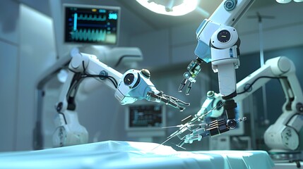 Robot Performing Surgery: A highly precise surgical robot in an operating room, arms delicately handling surgical instruments. 
