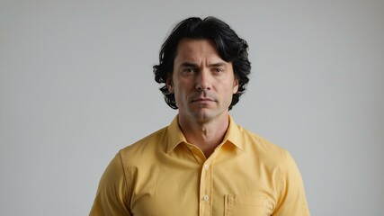Fototapeta premium adult black hair white man in yellow shirt model portrait standing straight on a plain white background for ad concept space for text