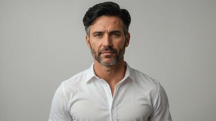 Obraz premium adult black hair white man in white shirt model portrait standing straight on a plain white background for ad concept space for text