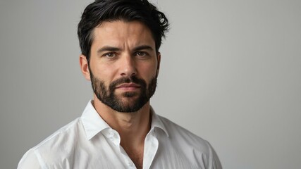 Obraz premium adult black hair white man in white shirt model portrait standing straight on a plain white background for ad concept space for text
