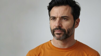 adult black hair white man in orange shirt model portrait standing straight on a plain white background for ad concept space for text