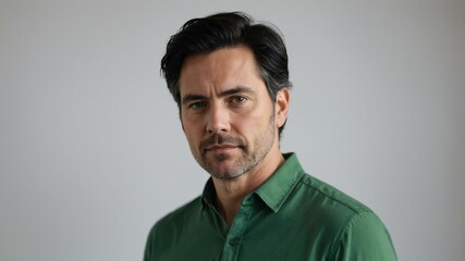 Obraz premium adult black hair white man in green shirt model portrait standing straight on a plain white background for ad concept space for text