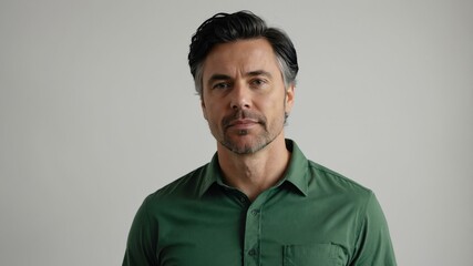 Obraz premium adult black hair white man in green shirt model portrait standing straight on a plain white background for ad concept space for text