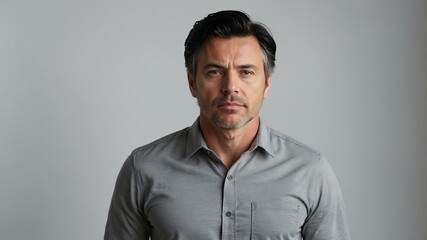 Obraz premium adult black hair white man in gray shirt model portrait standing straight on a plain white background for ad concept space for text