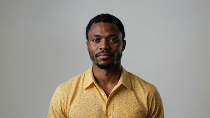 Obraz premium adult black hair subsaharan african man in yellow shirt model portrait standing straight on a plain white background for ad concept space for text