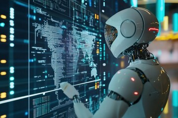A humanoid robot examining data on a screen with a world map