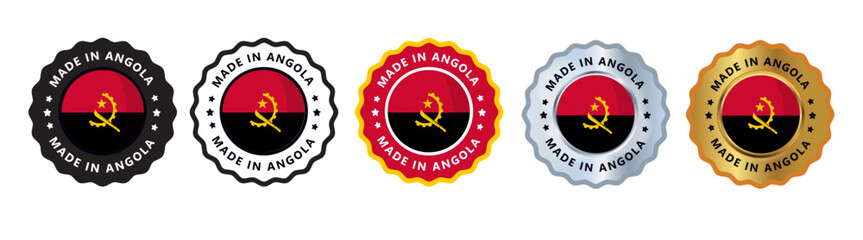 Made in angola set of sign stamp badge, with varian color red yellow, silver, gold, black suitable for products manufactured, military, agriculture or food vector illustration eps editable text