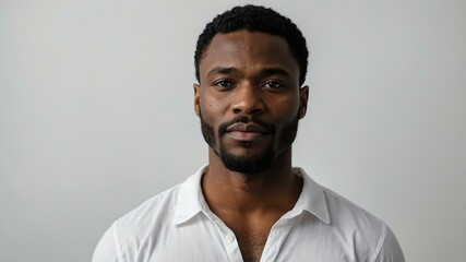 Obraz premium adult black hair subsaharan african man in white shirt model portrait standing straight on a plain white background for ad concept space for text